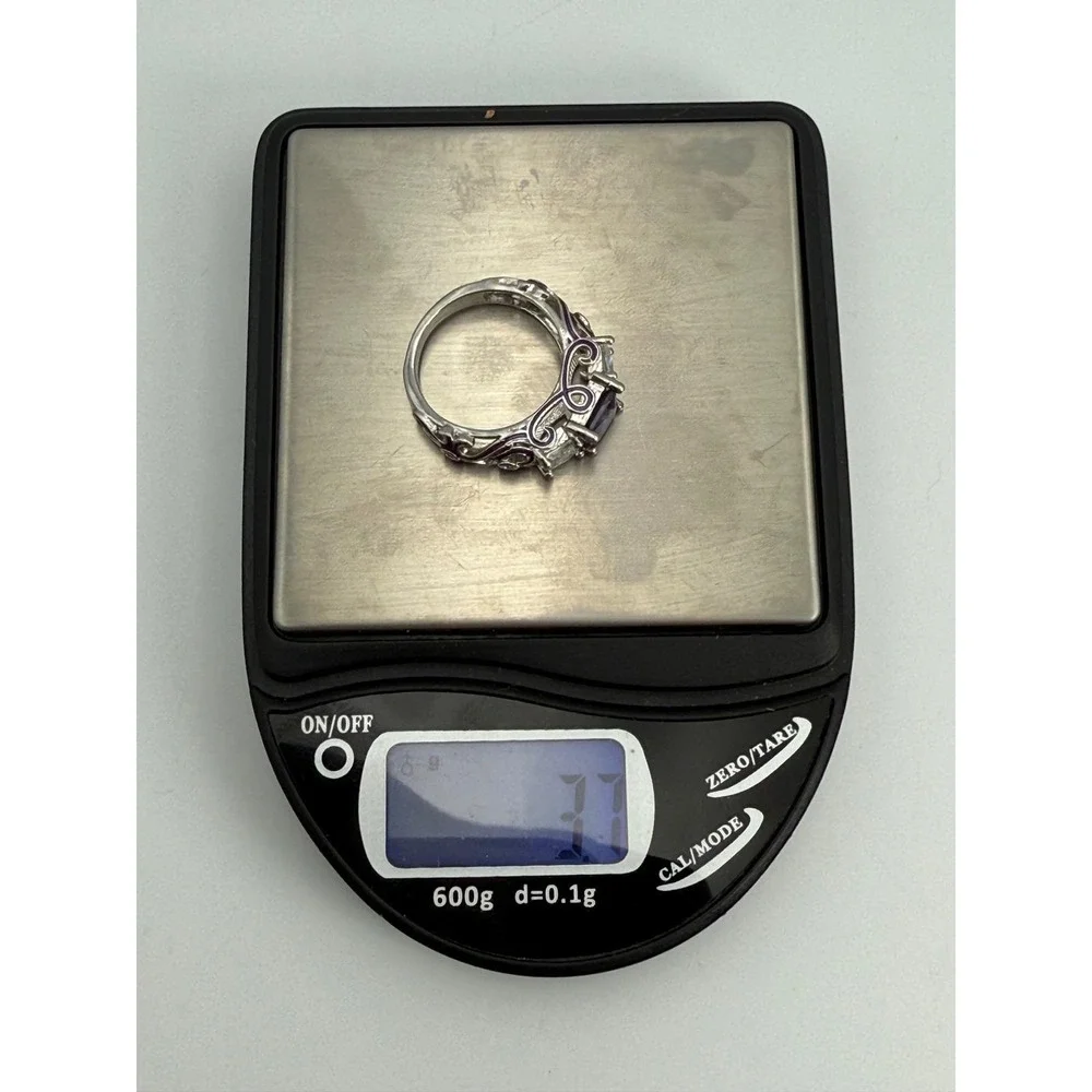 Sterling Silver‎ Purple Princess Cut Three Stone Ring Enamel Heart Filigree Sz 6